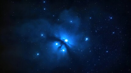 Fototapeta premium pleiades. Wide shot of winter night sky with faint blue-white Pleiades star cluster. STEM education sheets, lab safety posters, designed for biotech research communications.