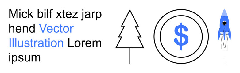 Obraz premium Business growth, finance, innovation, concept design, technology, investment. A line art tree, dollar coin and blue rocket are . Business growth and finance illustrated