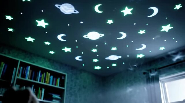 A child's room with a glowing starry night sky projected on the ceiling and a silhouette of a person near a crib