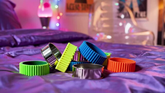 A hand adorned with colorful nail polish and rings is stacking colorful silicone wristbands on a bed with a purple comforter