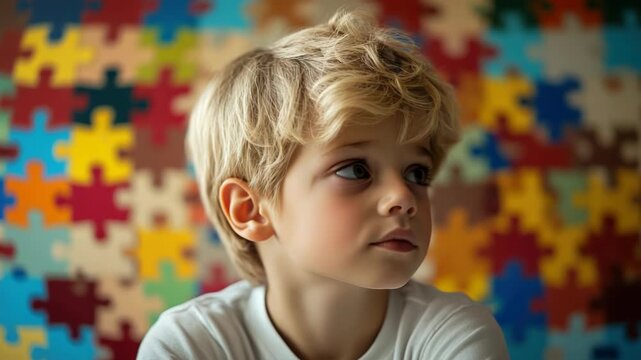 A blond boy with autism sits alone, thoughtfully gazing in front of a vibrant jigsaw puzzle wall. Symbol of neurodiversity, individuality, and special needs. Educational and awareness concept.
