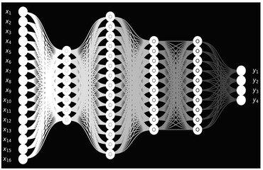 High Density Grayscale Neural Network Visualization with Multiple Layers and Connected Nodes, Artificial Intelligence, Machine Learning, Abstract Data Flow Technology Background