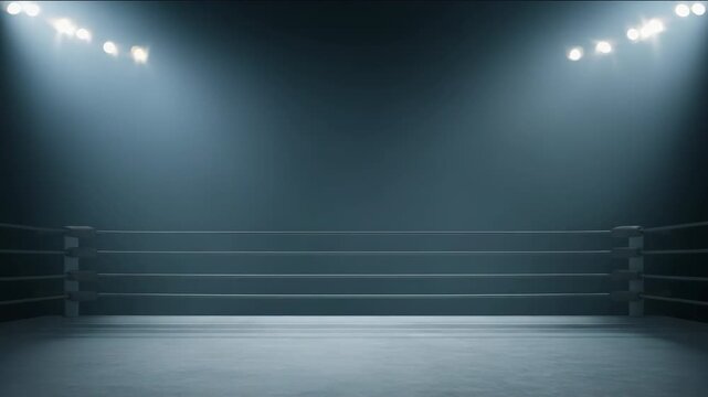 Empty boxing ring under bright spotlights in dark arena