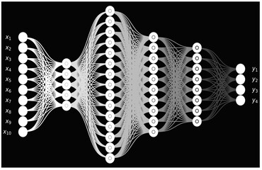Grayscale Deep Neural Network Architecture with Connected Nodes and Layered Data Flow, Artificial Intelligence, Machine Learning, Abstract Technology Background