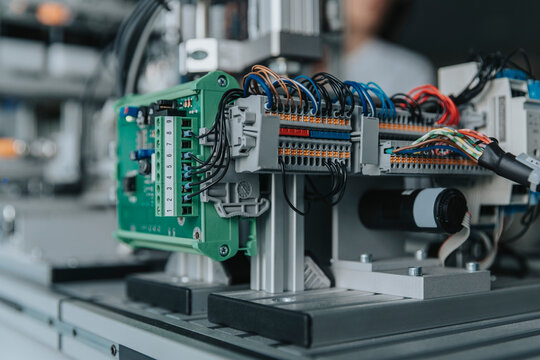 Close-up of equipment on table in laboratory at factory
