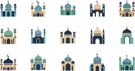 Various mosque architecture illustrations on white background with blue and green domes and minarets 2 (17) © SiyamolHasan