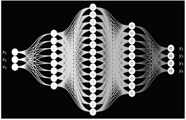 Monochrome Deep Neural Network Diagram with Connected Nodes and Layers, Artificial Intelligence, Machine Learning Architecture, Abstract Data Flow Technology Background