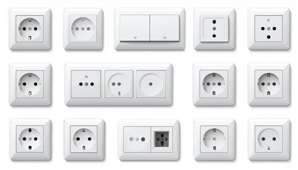 A grid of fifteen white wall plates displaying various international electrical outlets and switches, mounted on a clean surface, showcasing global plug designs and technical diversity.