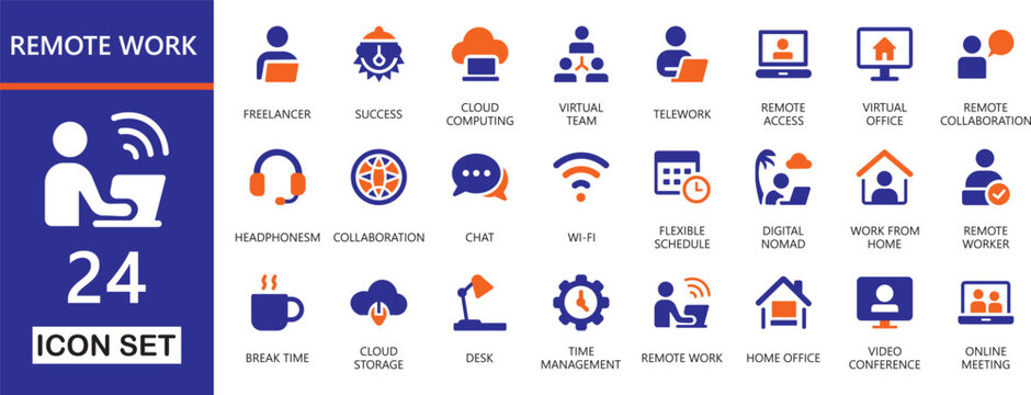 professional vector icon set for remote work, hybrid, office, teams, meeting, variation, and business, productivity tools.