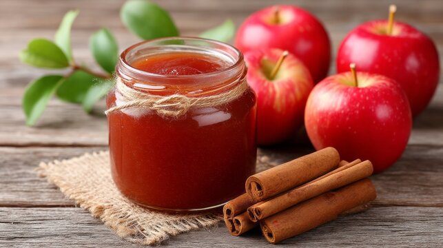 In a warm kitchen, a jar of delicious apple compot rests on a burlap cloth. Surrounding it are ripe red apples and fragrant cinnamon sticks, inviting sweet memories