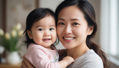 Portrait of happy asian mother and daughter looking at camera and smiling