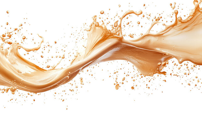 Dynamic splash of light brown liquid against a black background, with fine droplets