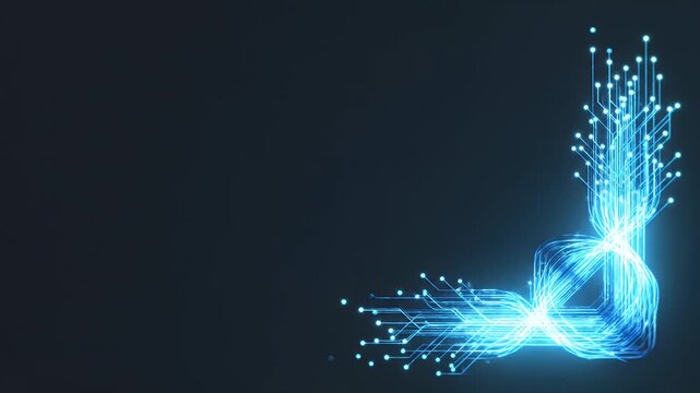 Abstract digital blue glowing lines forming a futuristic DNA helix on a dark background, representing biotechnology and innovation