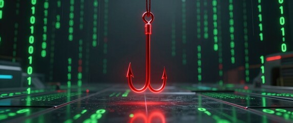 Fototapeta premium Digital phishing concept showing a red hook and binary code, depicting cybercrime and data security