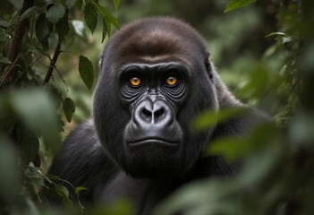 Obraz premium Mountain gorilla with intense golden eyes peering through dense tropical rainforest foliage in natural wildlife habitat for conservation awareness campaigns