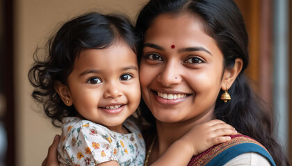Portrait of smiling Indian mother and daughter looking at camera at home