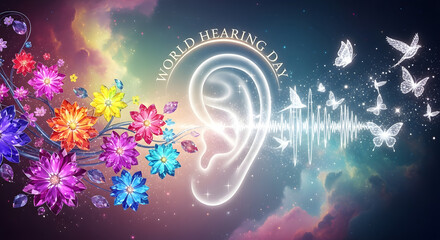 Obraz premium World Hearing Day From Communities to Classrooms – Hearing Care for All Children | Prevent Avoidable Childhood Hearing Loss, Early Identification Screening Care, Magical Ear Health Awareness,