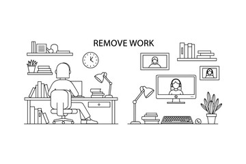 Naklejka premium Minimalist home office setup with remote work concept in linear style