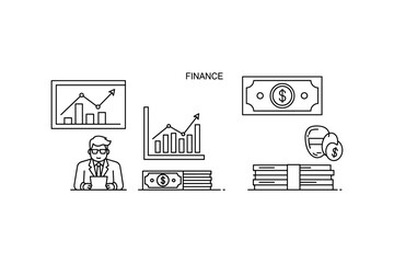 Fototapeta premium Minimalist financial icons: finance graphs, money, businessman, and coins