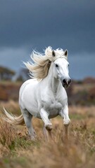 Obraz premium A white horse runs through a field with a stormy sky