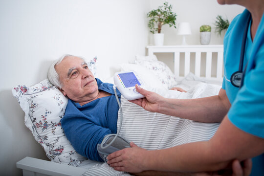 Gereatric nurse measuring blood pressure of patient, lying in bed