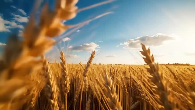 Golden wheat field under bright sun and blue sky with clouds