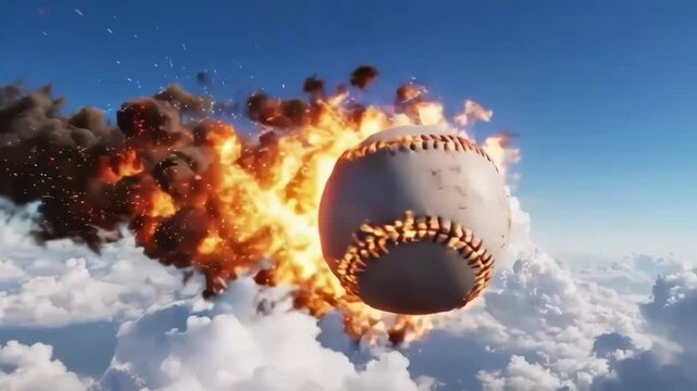 Exploding baseball midair with fire and smoke against blue sky and clouds
