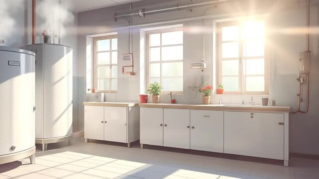 Bright and clean utility room with white cabinets and water heaters.