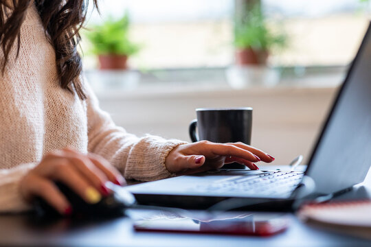 Woman using laptop and mouse