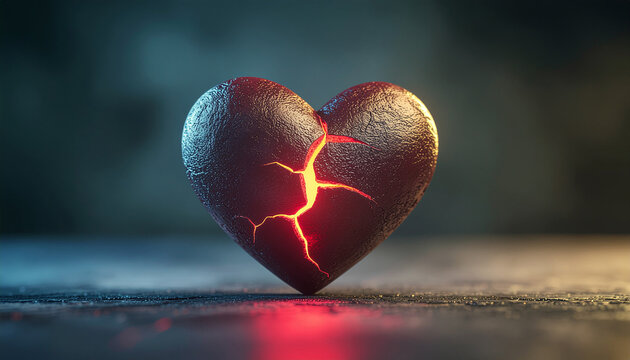 A dark, textured heart with a glowing crack in its center, resting on a rough surface.