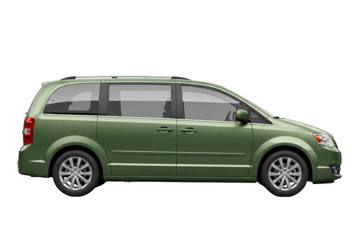 A green minivan with tinted windows and silver rims is shown from the side.