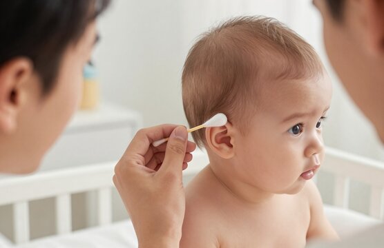Gentle parent using a cotton swab to clean a delicate infant's ear during a daily baby hygiene and grooming routine in the nursery.