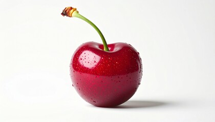 Fresh ripe cherry with stem isolated on white background, showcasing vibrant red color and glossy surface for food photography and healthy eating concepts