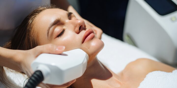 Professional laser hair removal procedure on a woman face in beauty salon, cosmetologist performing IPL skin rejuvenation therapy with medical equipment for wellness