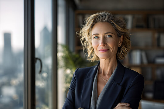 Confident 45 - year - old female executive with wavy blonde hair and navy blazer, arms crossed by sunlit city window in modern office with bookshelves