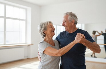 Obraz premium Joyful senior couple dancing together, laughing and embracing in a bright studio, celebrating an active, happy, and healthy retirement lifestyle.