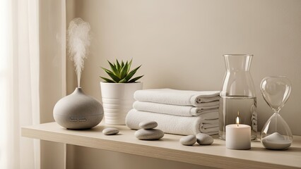 Serene spa setup with essential oil diffuser and candles