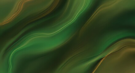 Abstract flowing waves of deep green and gold create a dynamic, organic background.