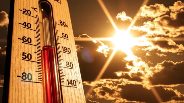 Thermometer shows rising temperature near sun and clouds, summer heat and global warming concept with dynamic weather atmosphere and sunlight flare
