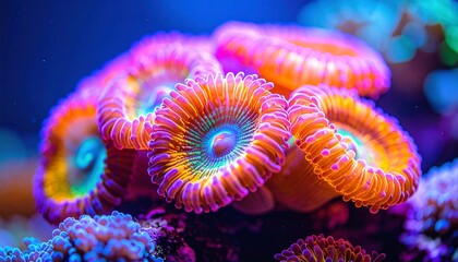 Obraz premium Close up of beautiful pink coral with yellow centers in the tropical ocean reef