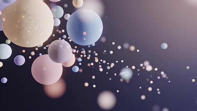 A mesmerizing abstract composition featuring a dynamic array of soft pastel-colored spheres and delicate floating particles against a deep, atmospheric backdrop