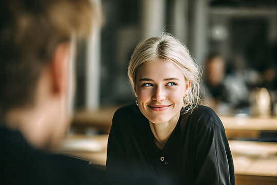 Scandinavian young businesswoman with blonde hair tied back and gold hoop earrings, smiling and looking at a blurred colleague in minimalist coworking