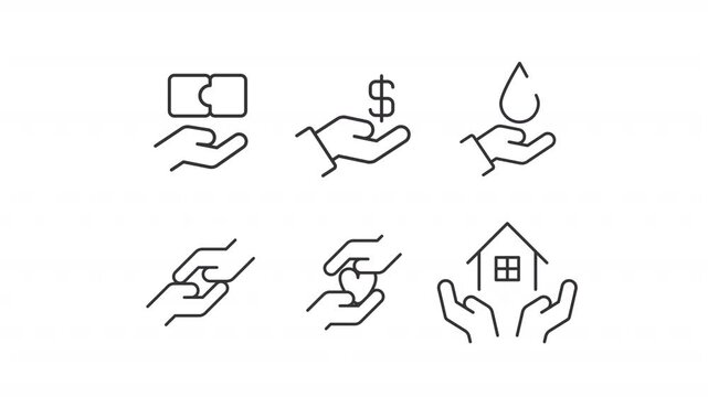Voluntary charity organization work ui icons line animation set. Giving essential items to suffering people. Donation animated user interface elements isolated on white. Alpha channel HD video
