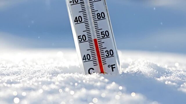 Close up of thermometer in snow showing cold temperature with falling snowflakes adds dynamic motion to winter scene outdoors on sunny day