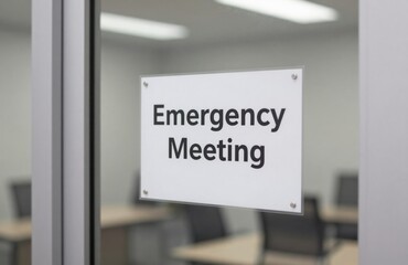 Fototapeta premium Emergency Meeting Sign on Glass Door: Business Urgency and Importance in the Workplace
