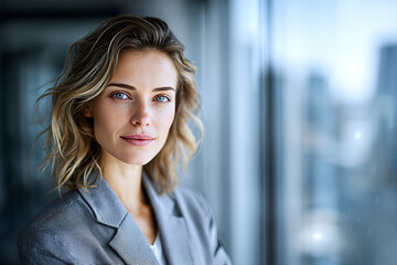 Confident businesswoman in tailored gray blazer with wavy blonde hair and freckles, standing by floor - to - ceiling window with blurred city view