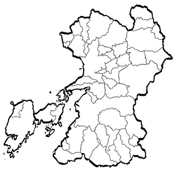 熊本県地図 筆タッチ 市町村区分 和風 九州 西日本 /  A brushstroke map of Kumamoto prefecture 2