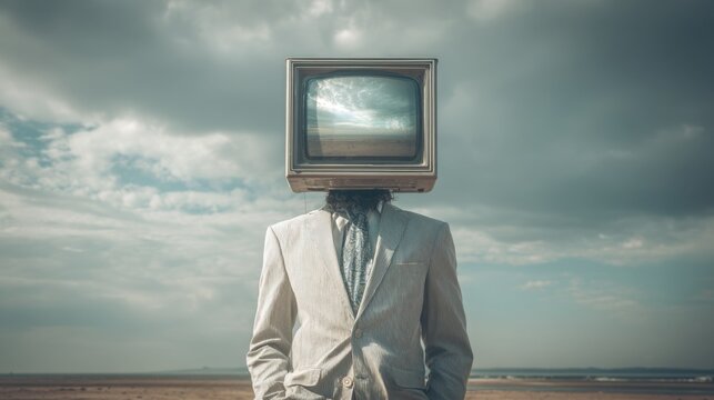 Surreal television-head figure standing in deserted landscape.