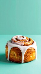 Freshly baked cinnamon roll with sweet white icing dripping down sides against mint green background, perfect for food marketing