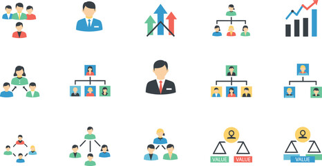 Fototapeta premium Business Leadership and Team Hierarchy Icon Set Showing Management Structure, Organizational Growth, Employee Groups, Performance Evaluation, and Corporate Strategy Concepts